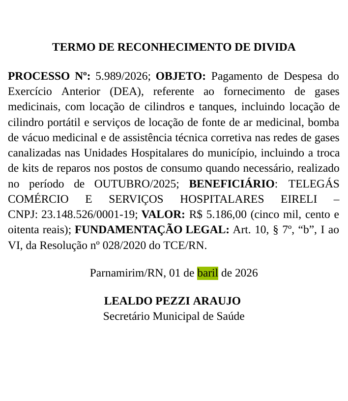 “POR TARIA”, “RESOL VE”, “OBJET O”, “Baril” e “Rais”: Os erros no Diário Oficial de Parnamirim que expõem a imperícia da Prefeitura e ameaçam a legalidade dos atos